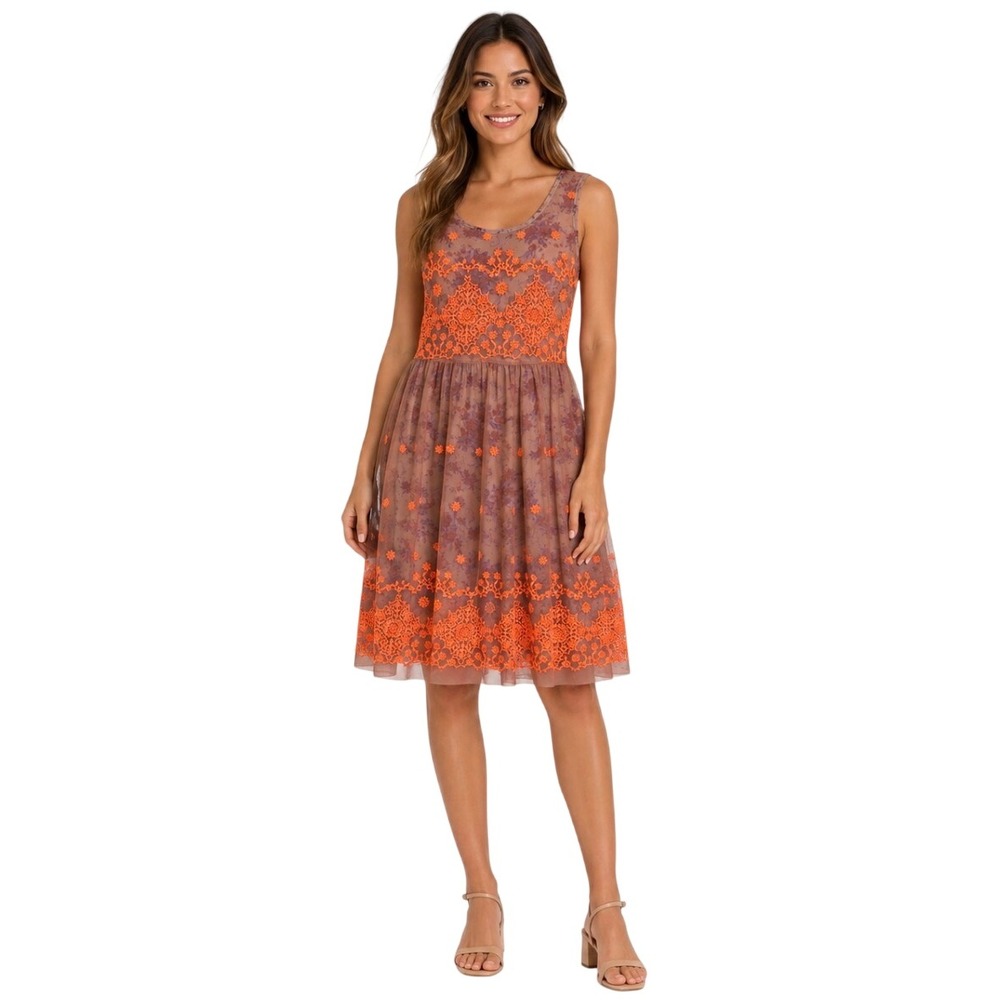 Anthropologie Uncle Frank Floral Mesh Overlay Dress Small Brown Orange